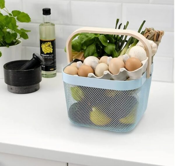 Pink Metal Mesh Storage Basket with Wooden Handle - Image 3