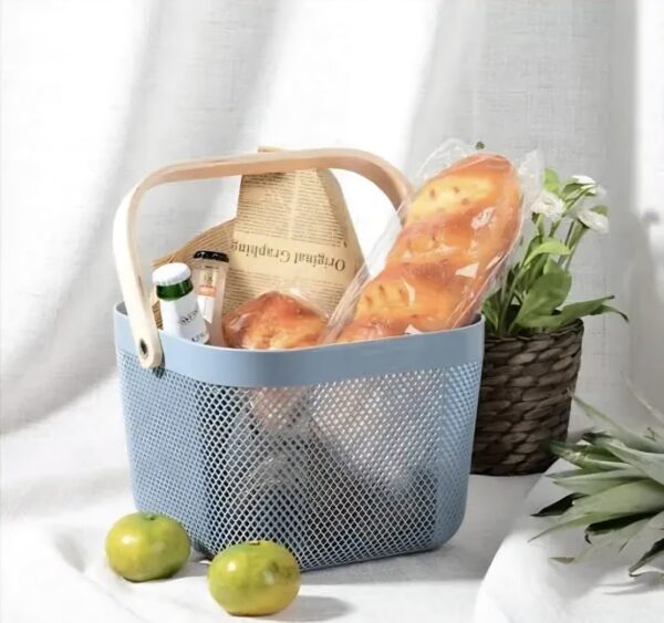 Pink Metal Mesh Storage Basket with Wooden Handle
