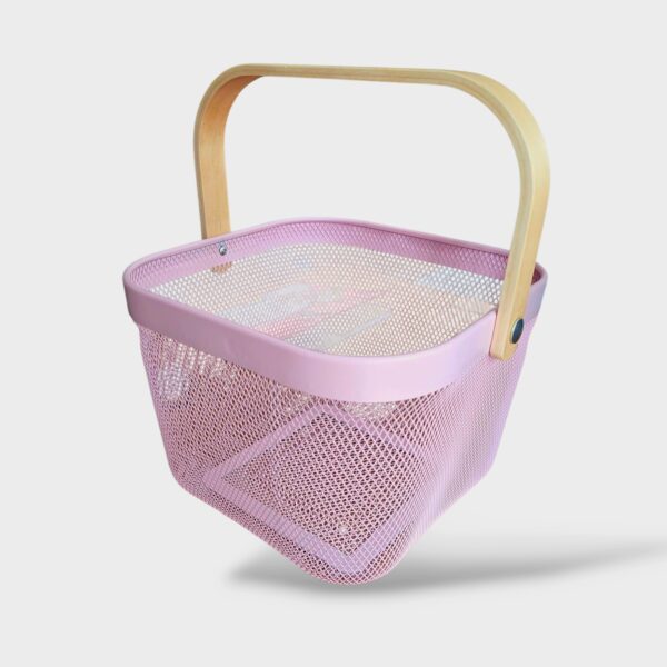 Pink Metal Mesh Storage Basket with Wooden Handle - Image 2
