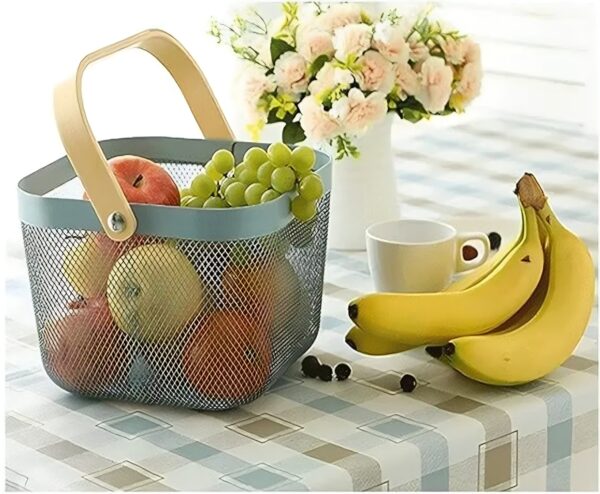 Pink Metal Mesh Storage Basket with Wooden Handle - Image 4
