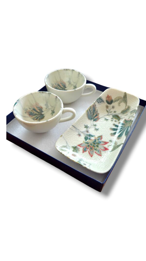 Ceramic Floral 2 Tea Cup & Tray Set- Rectangular Tray