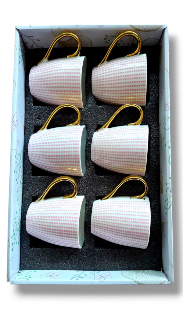 Set of 6 Elegant Pink Checkered Mugs with Gold Handles